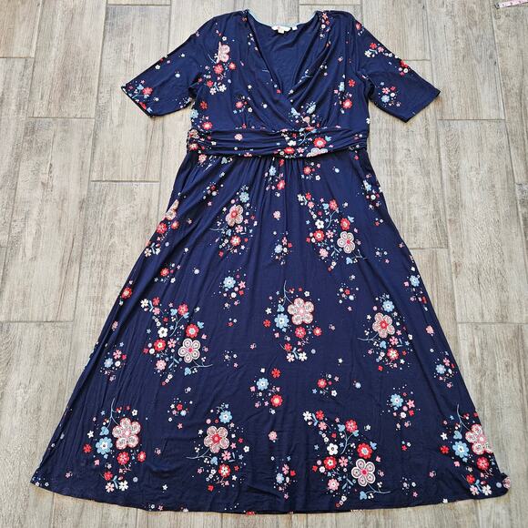 Boden Floral Jersey Midi Dress Womens 18L Navy Flowy Short Sleeve Stretch Spring - Picture 1 of 9